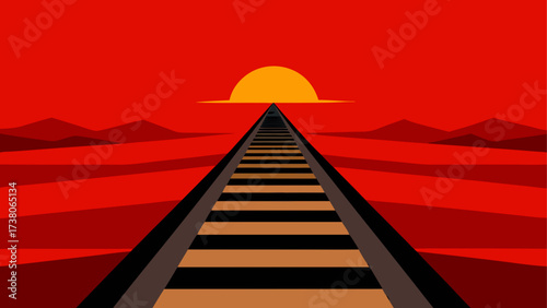 Railroad tracks leading to sunset horizon