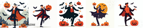 vector of a man in a Dracula costume dancing at a Halloween celebration
