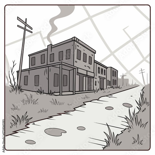 Abandoned building with smoke rising from chimney on cracked road