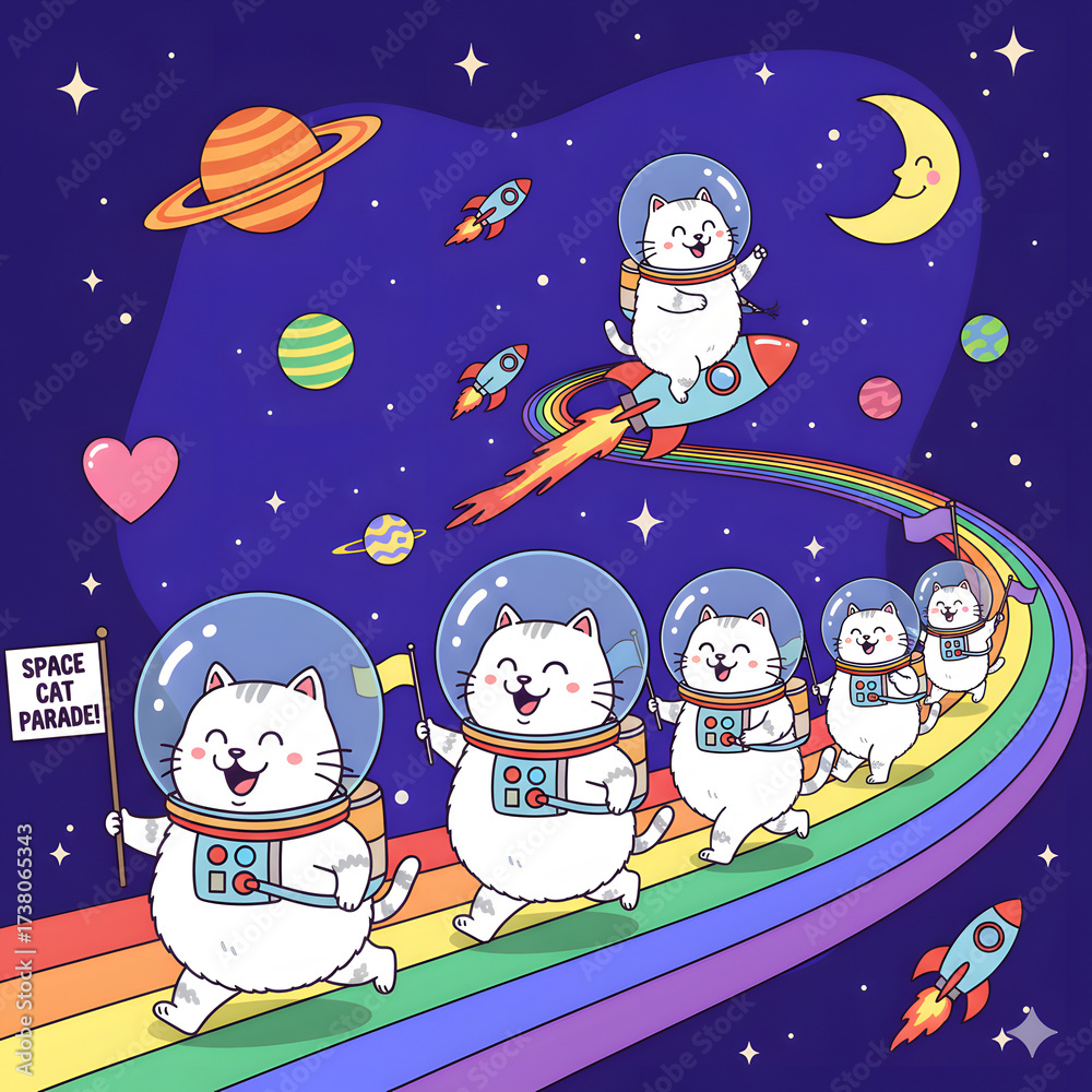 Naklejka premium Santa Claus and Snowman on the Moon Christmas Illustration