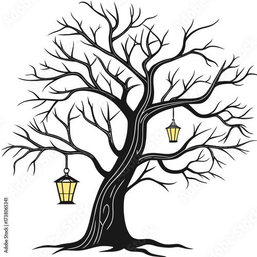 Black bare tree with yellow lanterns on white background 1