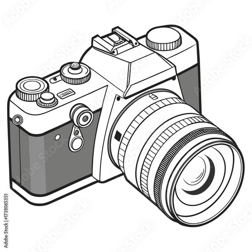 Black and white vector illustration of a digital camera