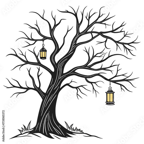 Black bare tree with yellow lanterns on white background