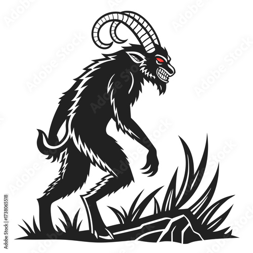 Black demon creature with ram horns and red eyes devil