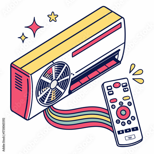 Bright air conditioner with remote control and colorful wavy lines