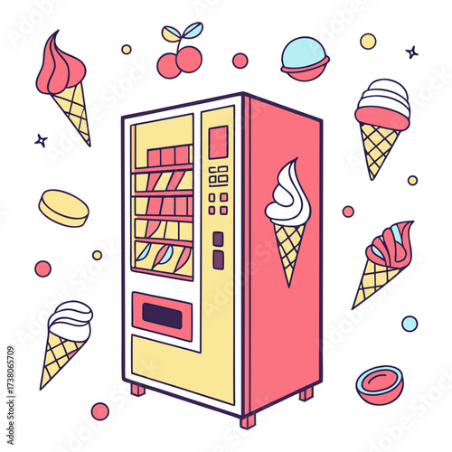 Bright ice cream vending machine with surrounding treats