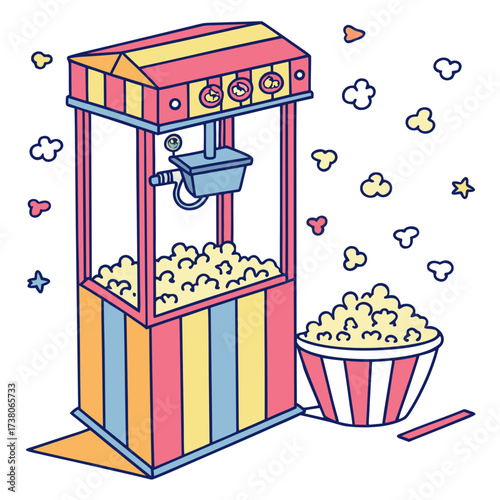 Bright popcorn machine with overflowing popcorn and bowl