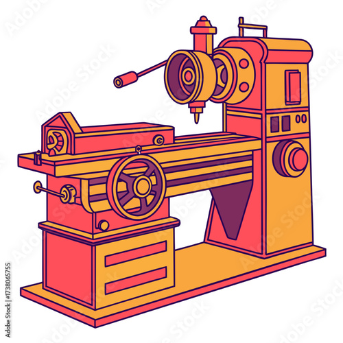 Bright red and yellow lathe machine vector industrial