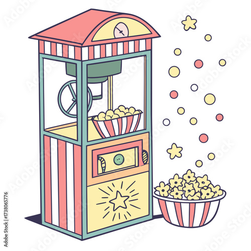 Bright popcorn machine with popcorn and scattered shapes