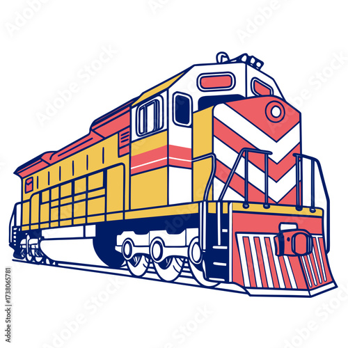 Bright yellow and coral train engine vector illustration