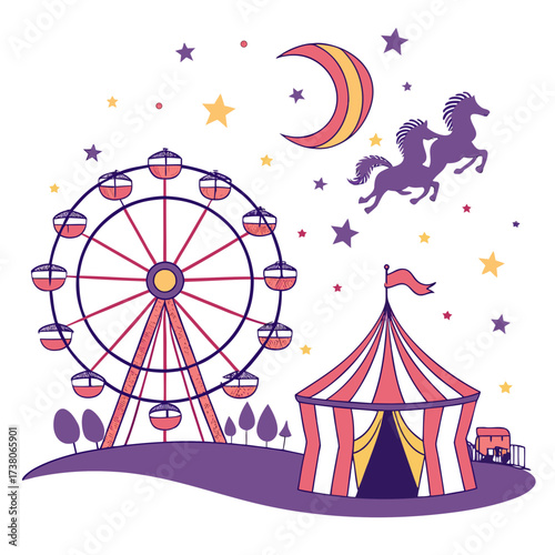 Carnival scene with Ferris wheel circus tent and horses