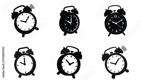 Set of angled 3d black and white silhouette alarm clock vector icons isolated on white