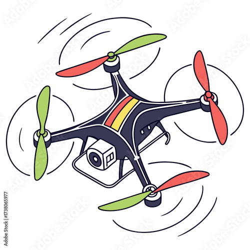 Cartoon drone with red green propellers flying quadcopter