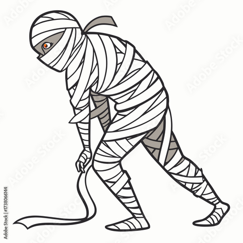 Cartoon mummy with unraveling bandages and one eye peeking