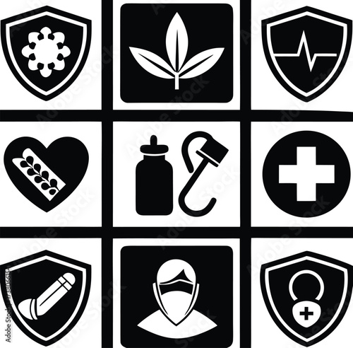 Collection of medical and health care shield icons representing protection safety and well being