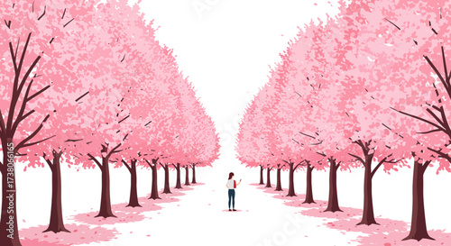 Cherry Blossom Avenue with Figure.