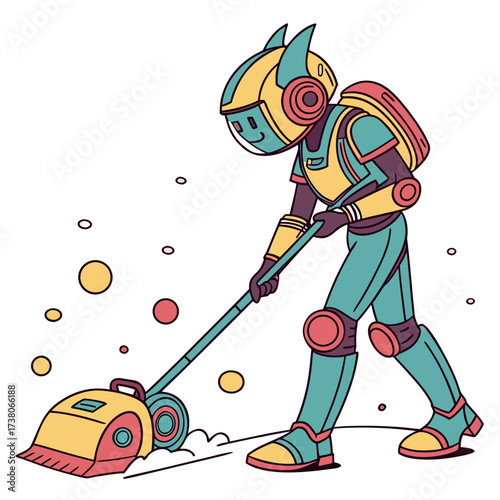 Cartoon robot cleaning with a futuristic vacuum cleaner