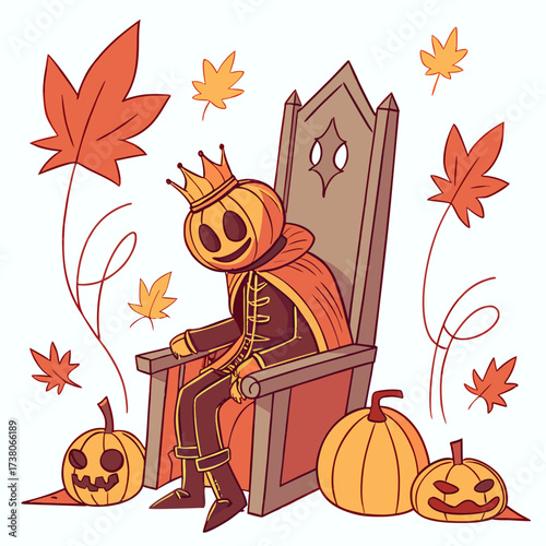 Cartoon pumpkin king on throne surrounded by pumpkins and leaves