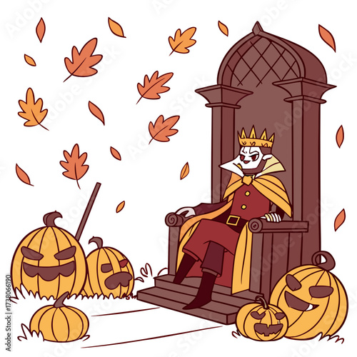 Cartoon pumpkin king sits on throne surrounded by jack o lanterns and autumn leaves