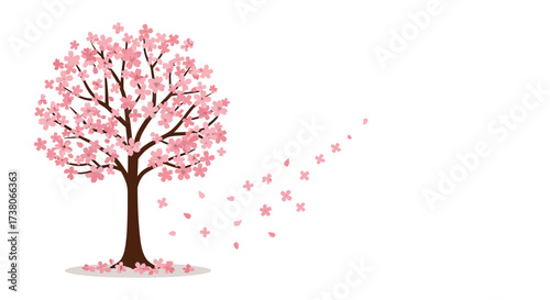 Blooming Cherry Tree with Falling Petals Illustration.