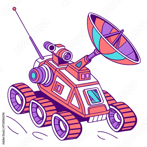 Cartoon space rover with satellite dish and antenna
