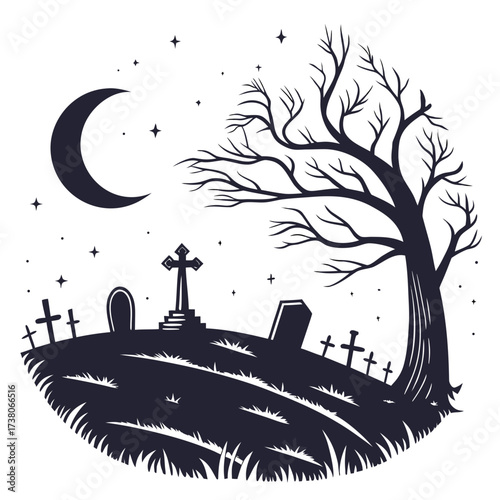 Cemetery hill under crescent moon and bare tree night