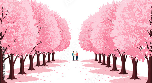 Cherry Blossom Avenue with Two People Shaking Hands in the Distance.