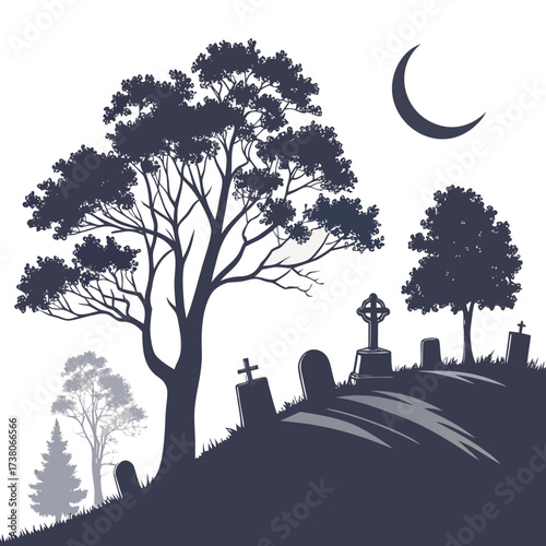Cemetery hill with trees and crescent moon silhouette