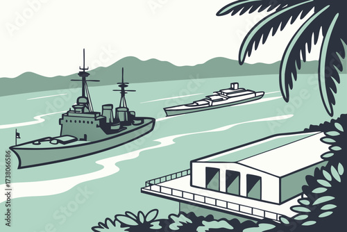 Pearl Harbor in Oahu, Hawaii, naval ships docked near USS Arizona Memorial and Pacific waters