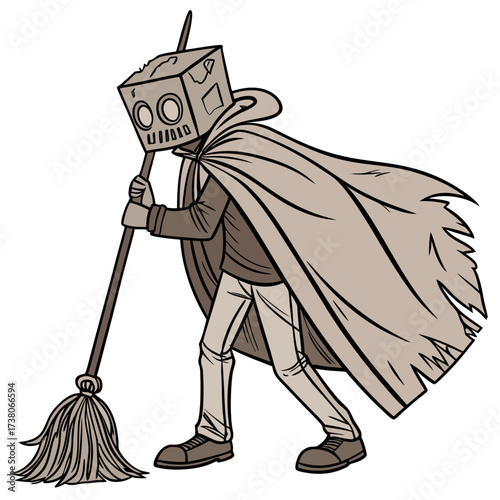 Character with cardboard box head and tattered cape sweeping