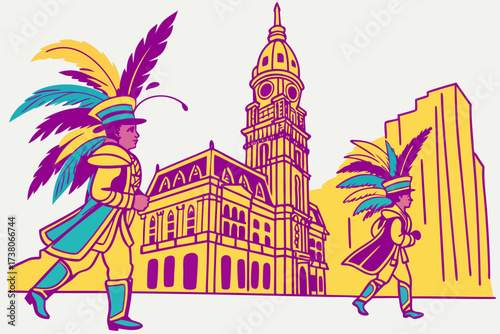 Philadelphia Mummers Parade in Pennsylvania, costumed performers parading with bright sequins and feathers