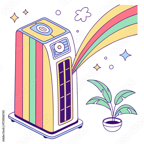 Colorful air purifier emitting rainbow colored stream next to plant