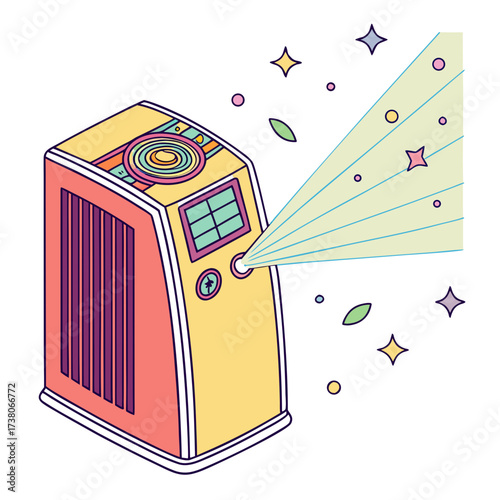 Colorful air purifier emitting light and sparkles machine