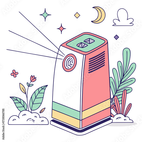 Colorful air purifier with plants and celestial elements
