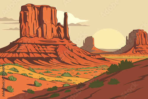 Painted Desert in Arizona, multicolored layered rock formations glowing in afternoon sun