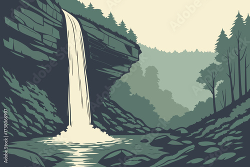 Ozone Falls in Tennessee, 110-foot plunge into a rocky amphitheater with mist rising in morning light