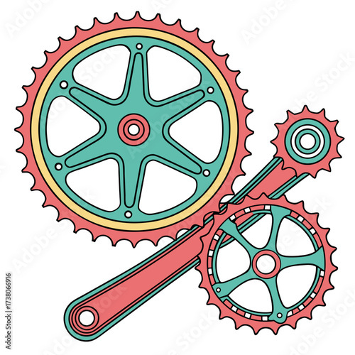 Colorful bicycle crankset and gears vector graphic