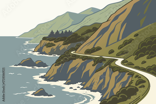 Pacific Coast Highway in California, coastal cliffs and ocean waves along Highway 1 drive
