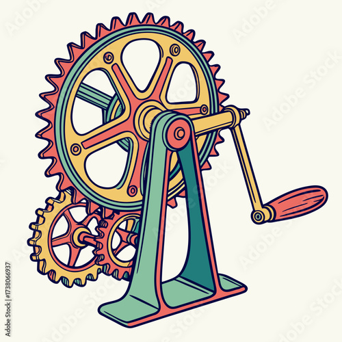 Colorful bicycle gears mechanism with crank on white