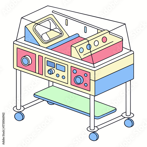 Colorful baby incubator with medical controls and wheels