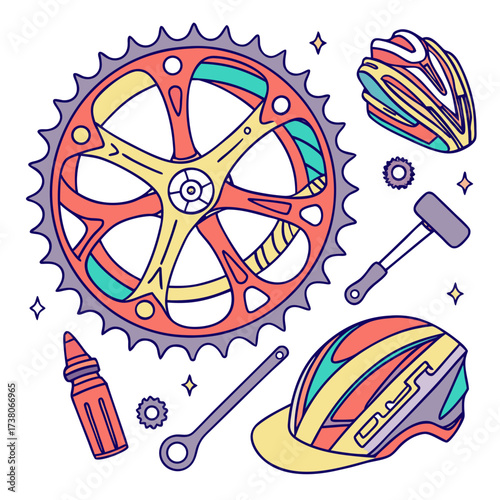 Colorful bicycle chainring helmet and tools vector art