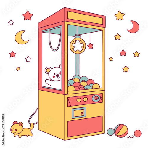 Colorful cartoon claw machine with teddy bear and toys