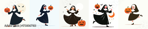vector of a man in a nun costume dancing at a Halloween celebration