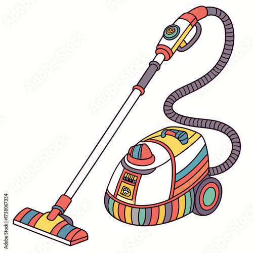 Colorful cartoon vacuum cleaner with hose and floor head