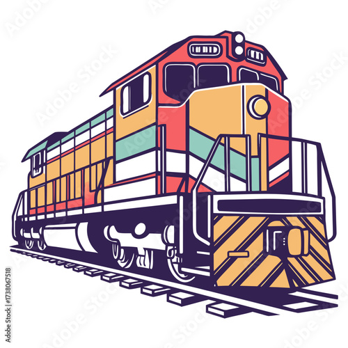 Colorful diesel train engine on tracks vector graphic