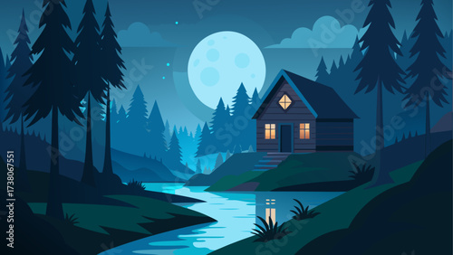 Cabin by the river under the moonlight sky