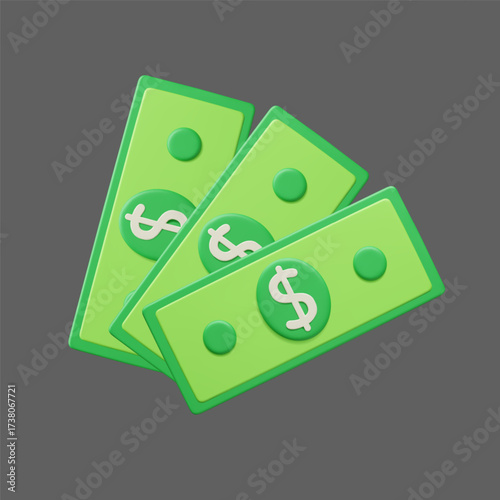 Green banknote with dollar sign 3D style vector illustration. Fan of cash, paper money bills, income profit 3D icon. International stable currency bills, budgeting finance investment concept.