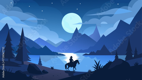Silhouette rider under moonlight landscape