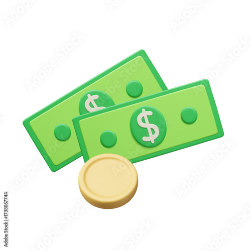 Green money banknotes with gold coin 3D style vector render. Paper money currency bills, metal coins, dollars cash financial sign and symbol. Money saving, investing, income profit 3D icon.