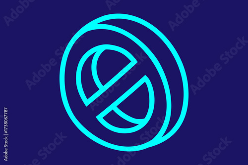 The image shows a minimalist abstract icon resembling a prohibition or restriction sign. It is designed with cyan line art on a dark blue background.